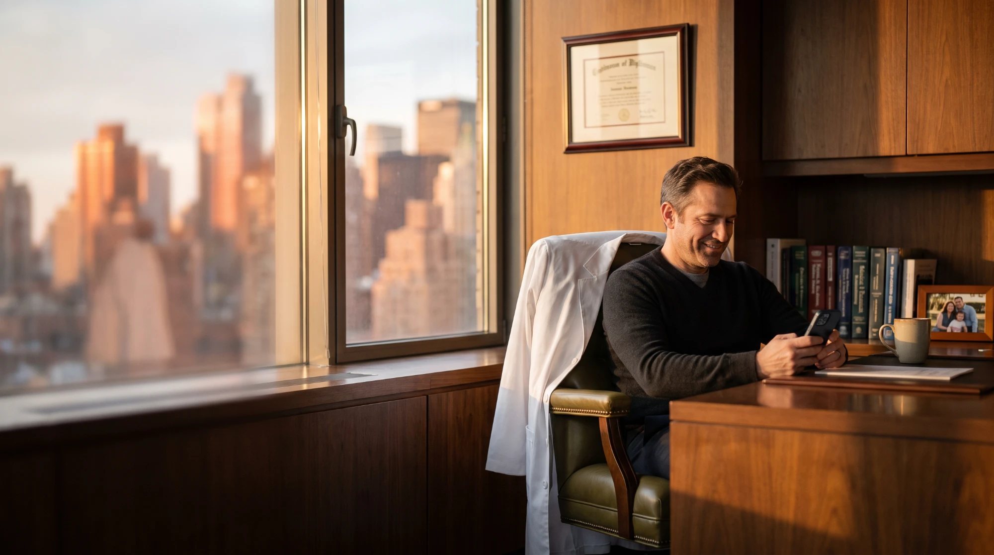 A smiling physician in a dark sweater checking his phone at his desk, with his white coat over the chair, medical books, and the Manhattan skyline outside the window at sunset